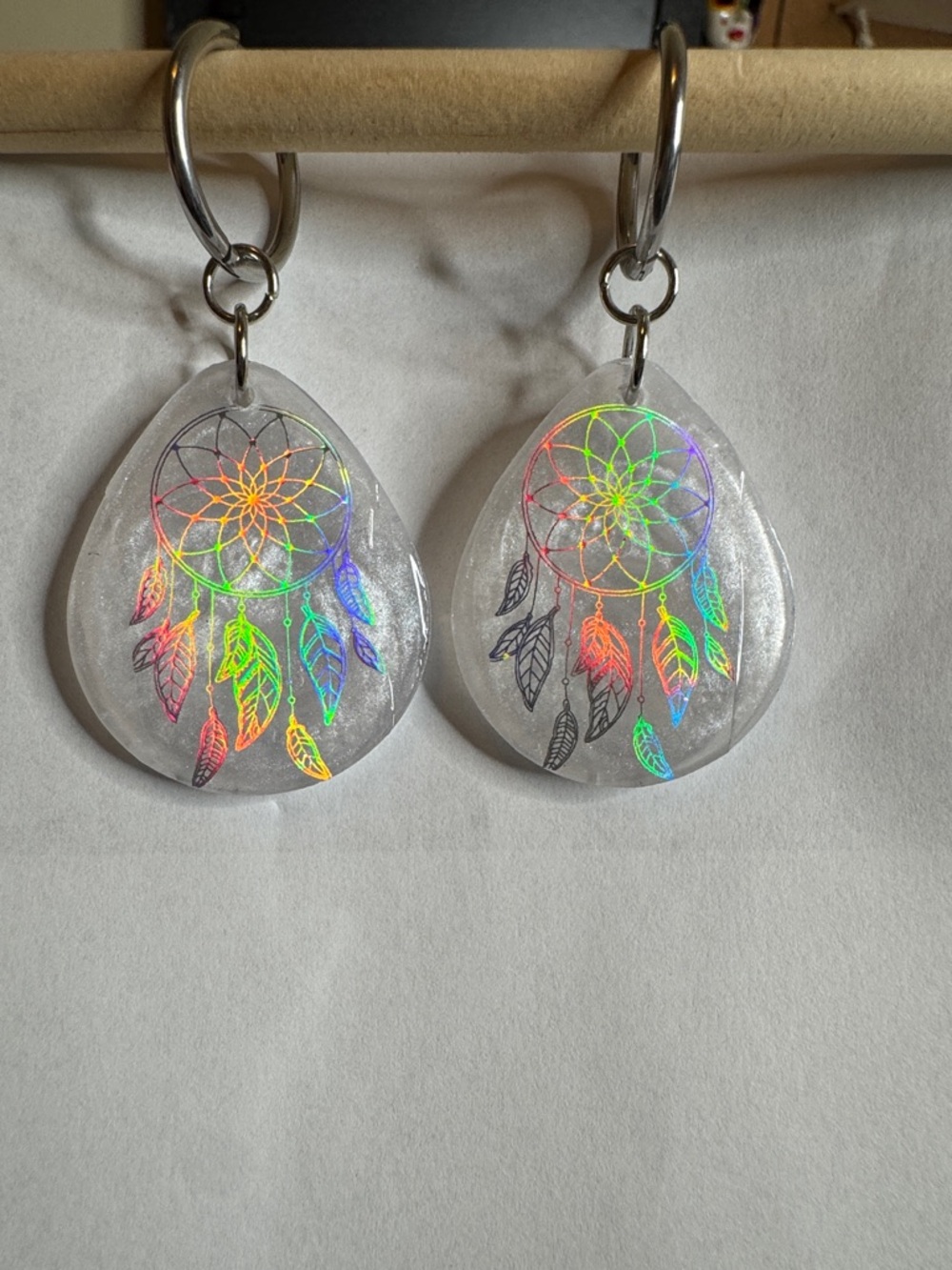 Holographic Dreamcatcher Teardrop Earrings - Silver Tone
